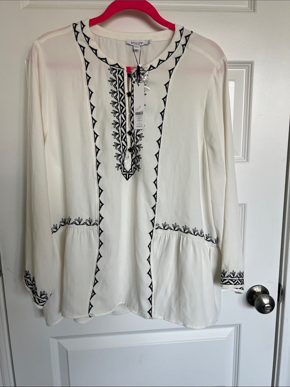 Chico's White Long-Sleeve Tunic with Black Embroidery